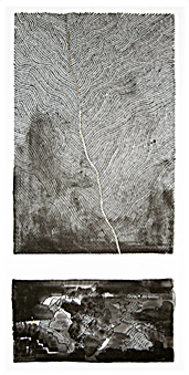 The release 1 - Graphical abstract - 19.68x39.37in - Support canvas, Indian ink by quill on a based washes in sepia Indian ink, details of gold or silver leaf